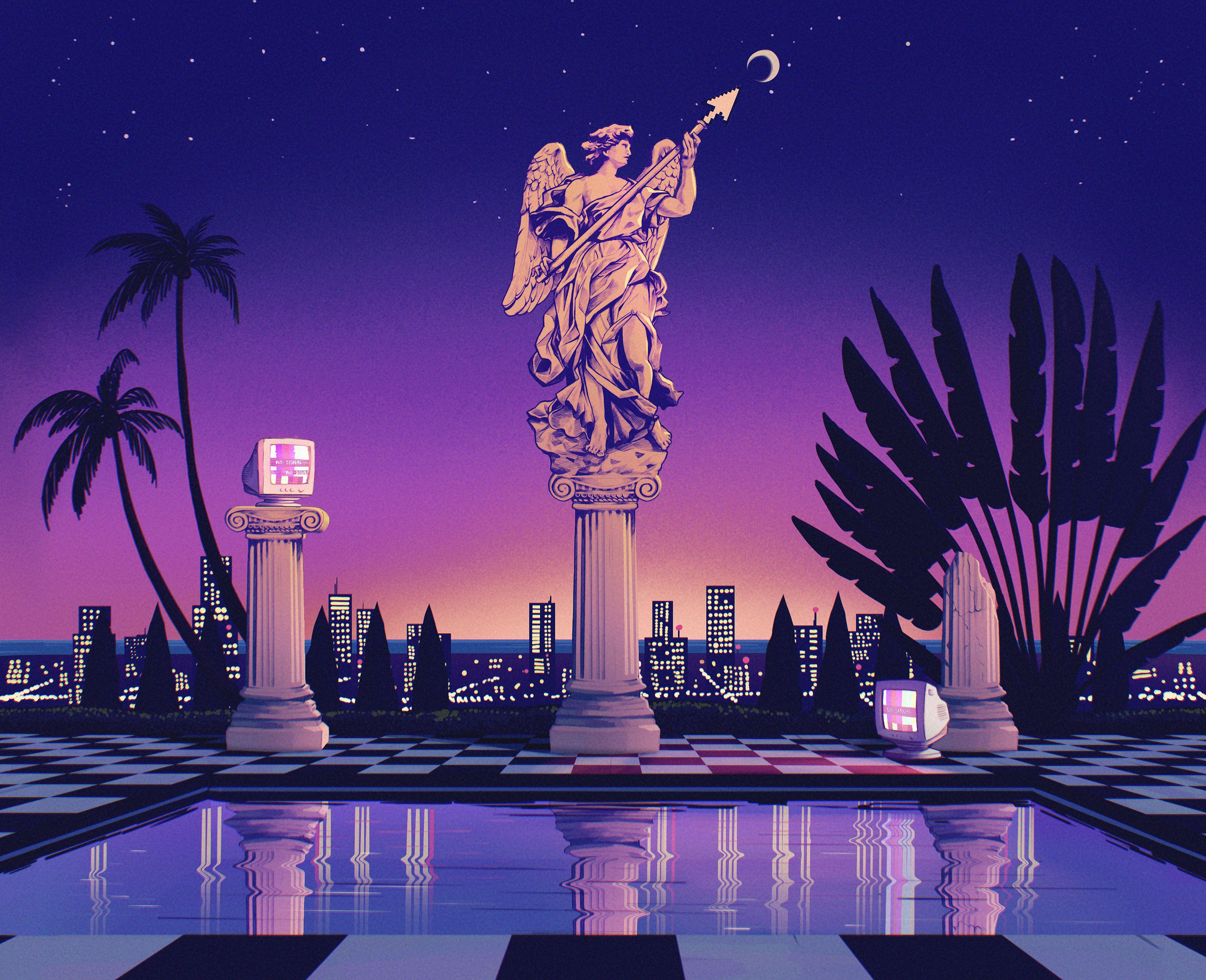 Cenário com 3 colunas de fundo com uma estatua na coluna central e monitores nas outras, possuindo cores suaves e rosadas